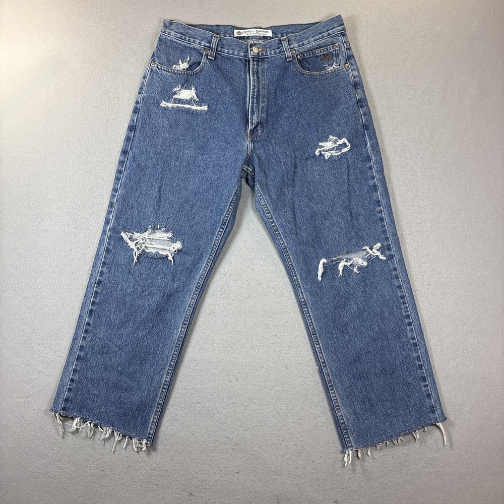 Y2K HARLEY-DAVIDSON Distressed Ripped Biker Jeans Women 35/26 Cropped‎ Boyfriend